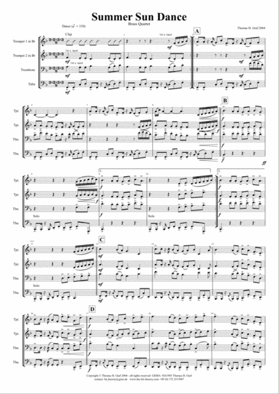 Summer Sun Dance - 11/8 - Folk Dance Style - Brass Quartet Brass Quartet scores gallery preview page 1