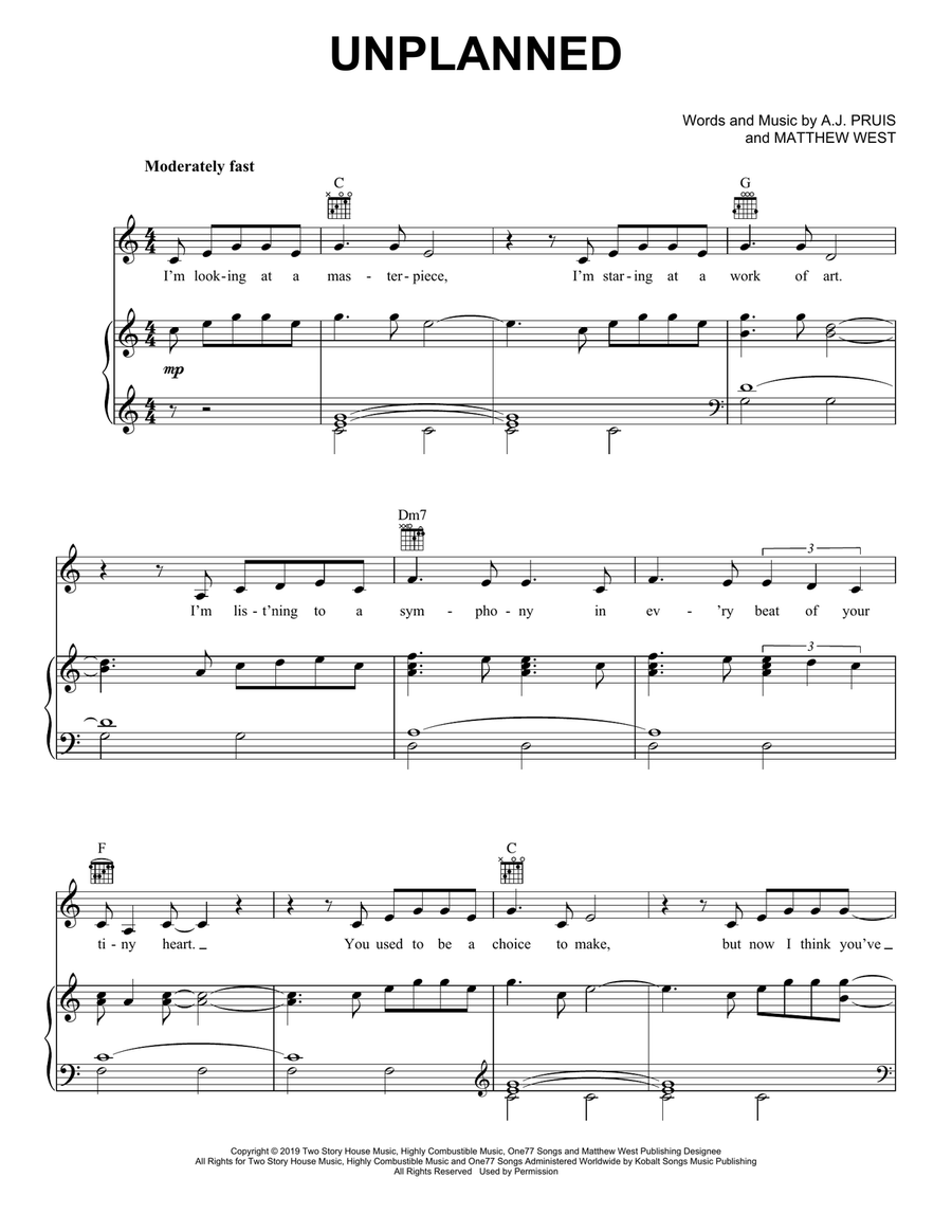 Unplanned Piano, Vocal, Guitar scores gallery preview page 1