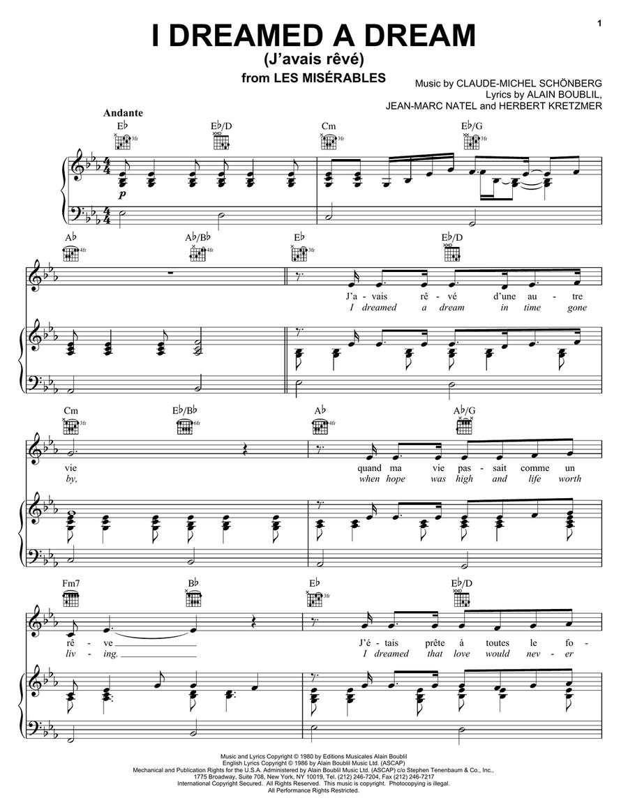 I Dreamed A Dream (J'avais Reve) Piano, Vocal, Guitar scores gallery preview page 1