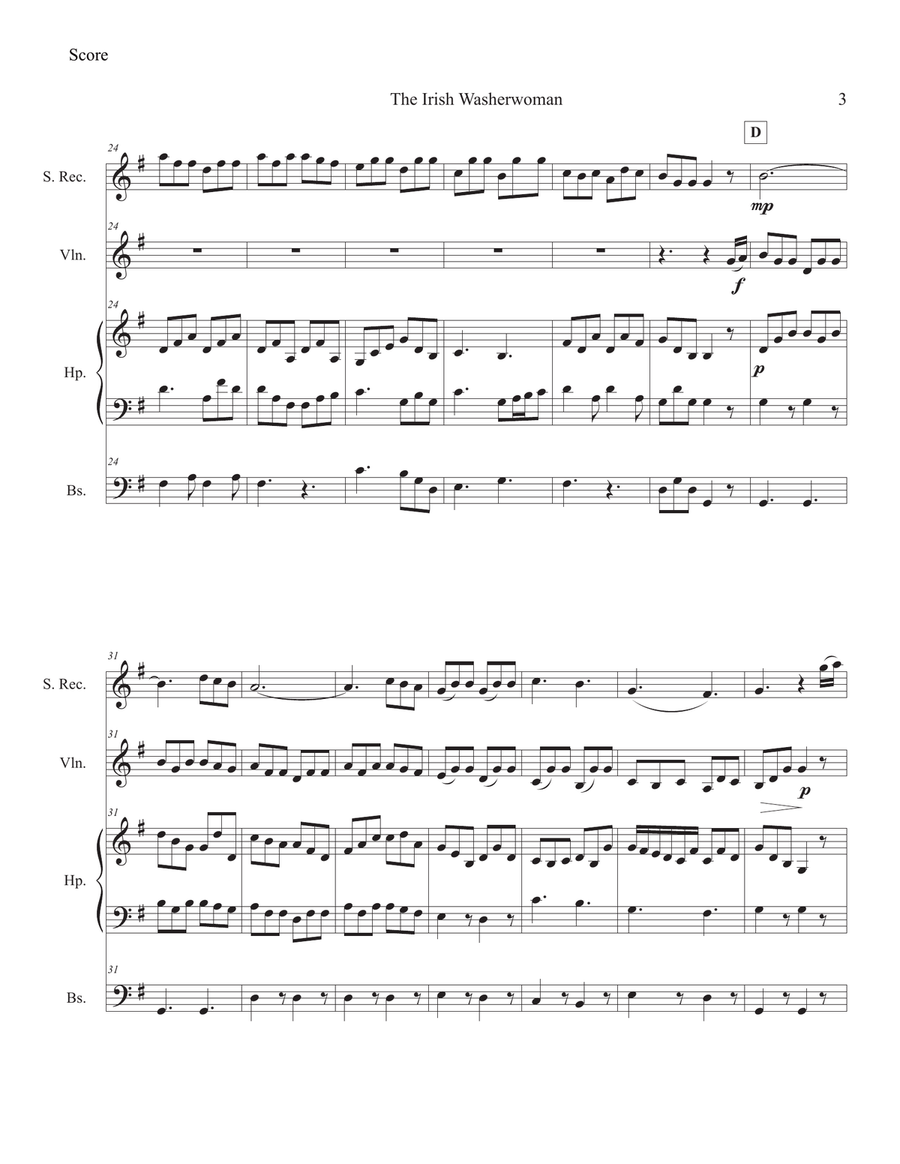 The Irish Washerwoman for Penny Whistle, Violin, Celtic harp and Bass Small Ensemble scores gallery preview page 3