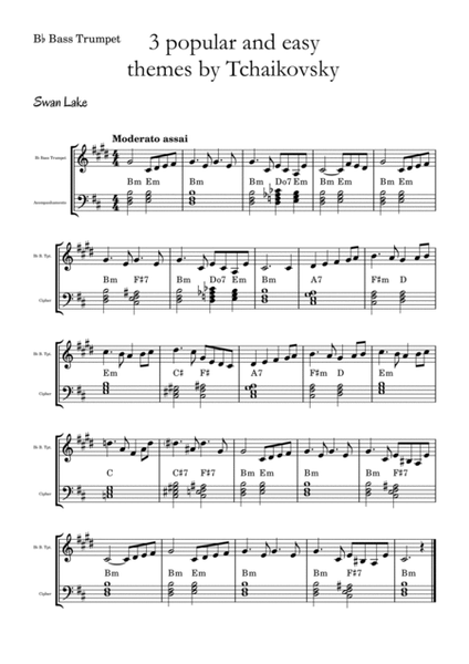 3 popular and easy themes by Tchaikovsky with accompaniment and chord symbols for B♭ Bass Trumpet image number null