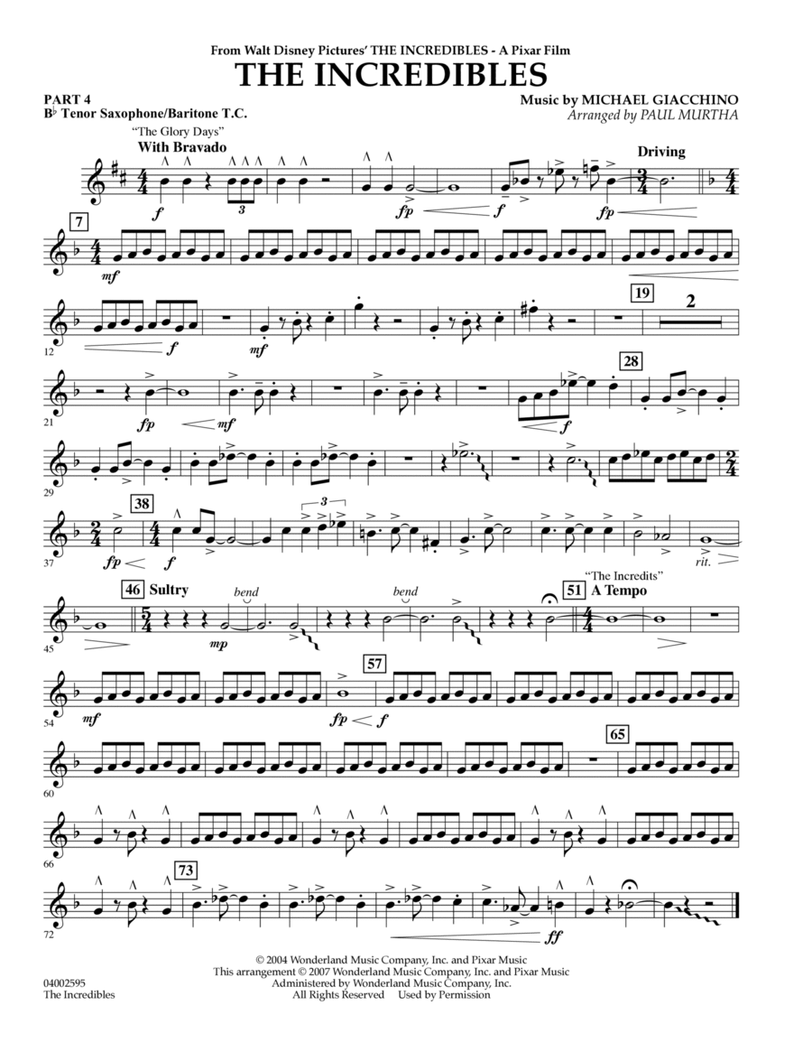 The Incredibles - Pt.4 - Bb Tenor Sax/Bar. T.C. Concert Band scores gallery preview page 1