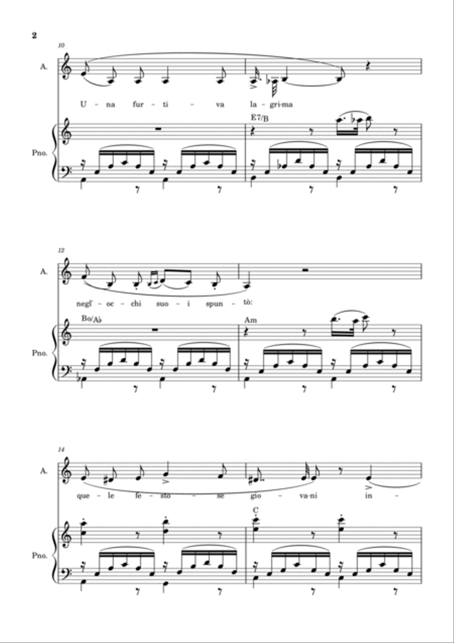 Una Furtiva Lagrima (For contralto in Am) Piano, Vocal, Guitar scores gallery preview page 2