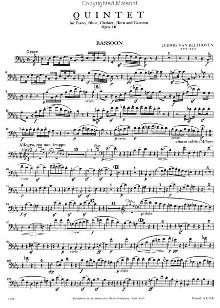 Quintet In E Flat Major, Opus 16 For Oboe, Clarinet, Horn In E Flat, Bassoon & Piano Bassoon scores gallery preview page 6