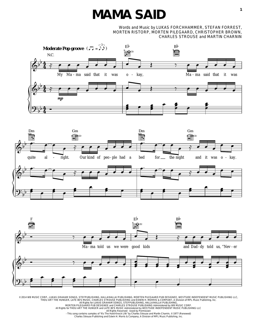 Mama Said Piano, Vocal, Guitar scores gallery preview page 1
