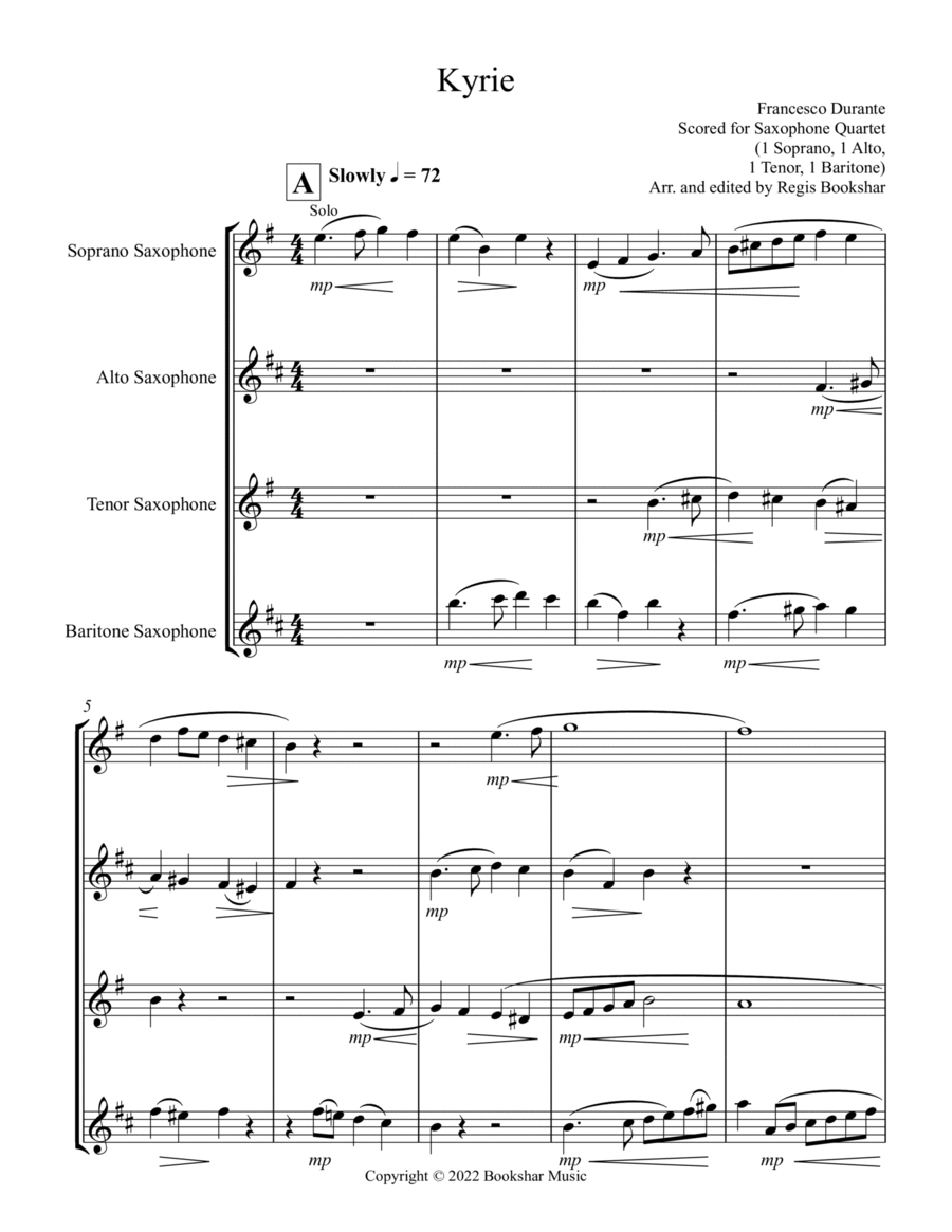 Kyrie (Durante) (Saxophone Quartet - 1 Sop, 1 Alto, 1 Tenor, 1 Bari) Saxophone Quartet scores gallery preview page 1