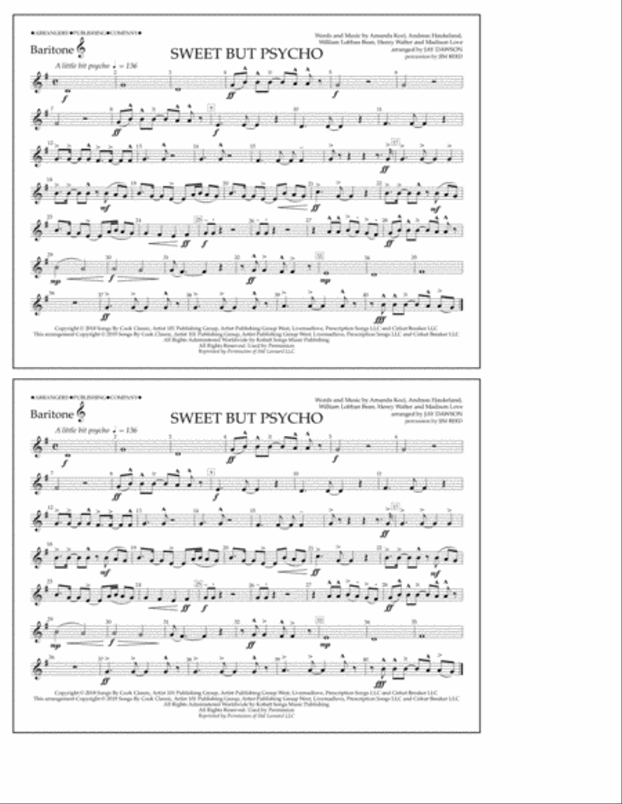 Sweet But Psycho (arr. Jay Dawson) - Baritone T.C. Marching Band scores gallery preview page 1