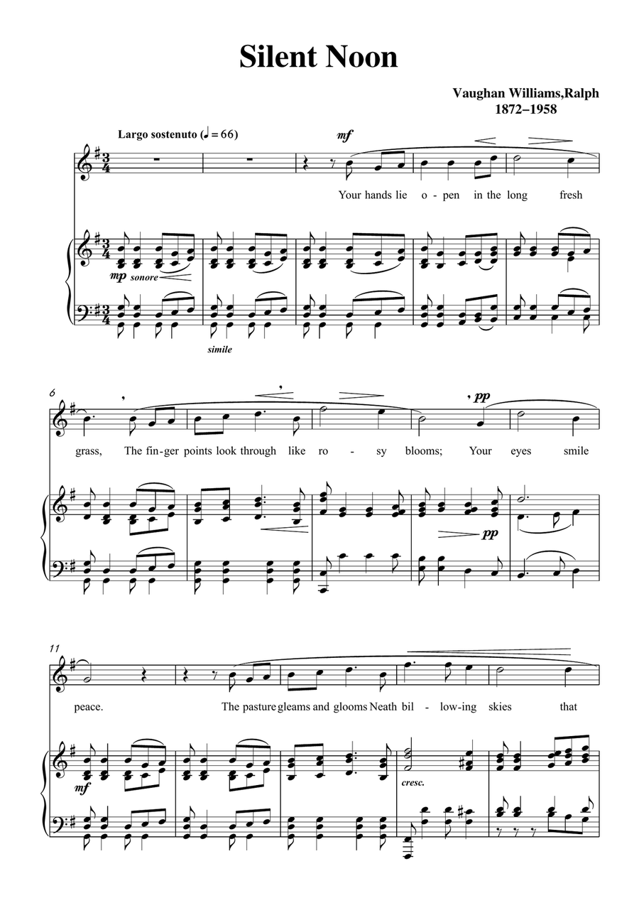 Vaughan Williams-Silent Noon in G Major, for Voice and Piano Piano, Vocal scores gallery preview page 3