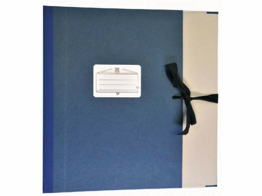 Blue music folder with a closing strap