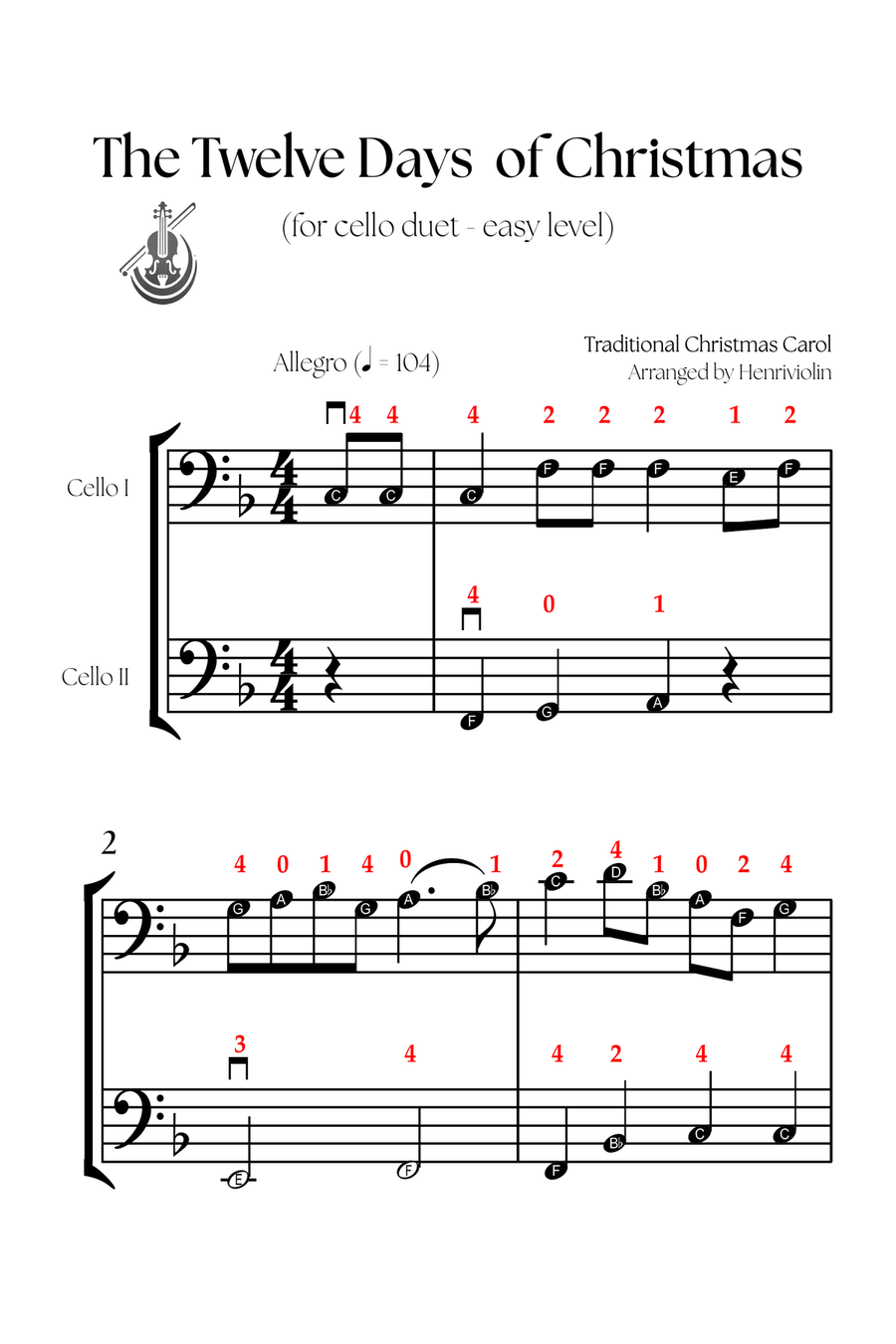 The Twelve Days of Christmas (CELLO DUET - EASY LEVEL) String Duet scores gallery preview page 2