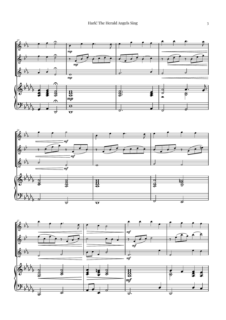 Hark! The Herald Angels Sing Trio Arrangement | Christmas Carol Sheet Music Woodwind Trio scores gallery preview page 3