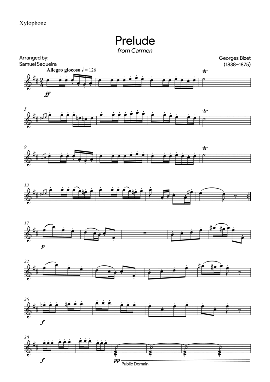 Prelude (from Carmen) - for Xylophone - with play along Percussion scores gallery preview page 1