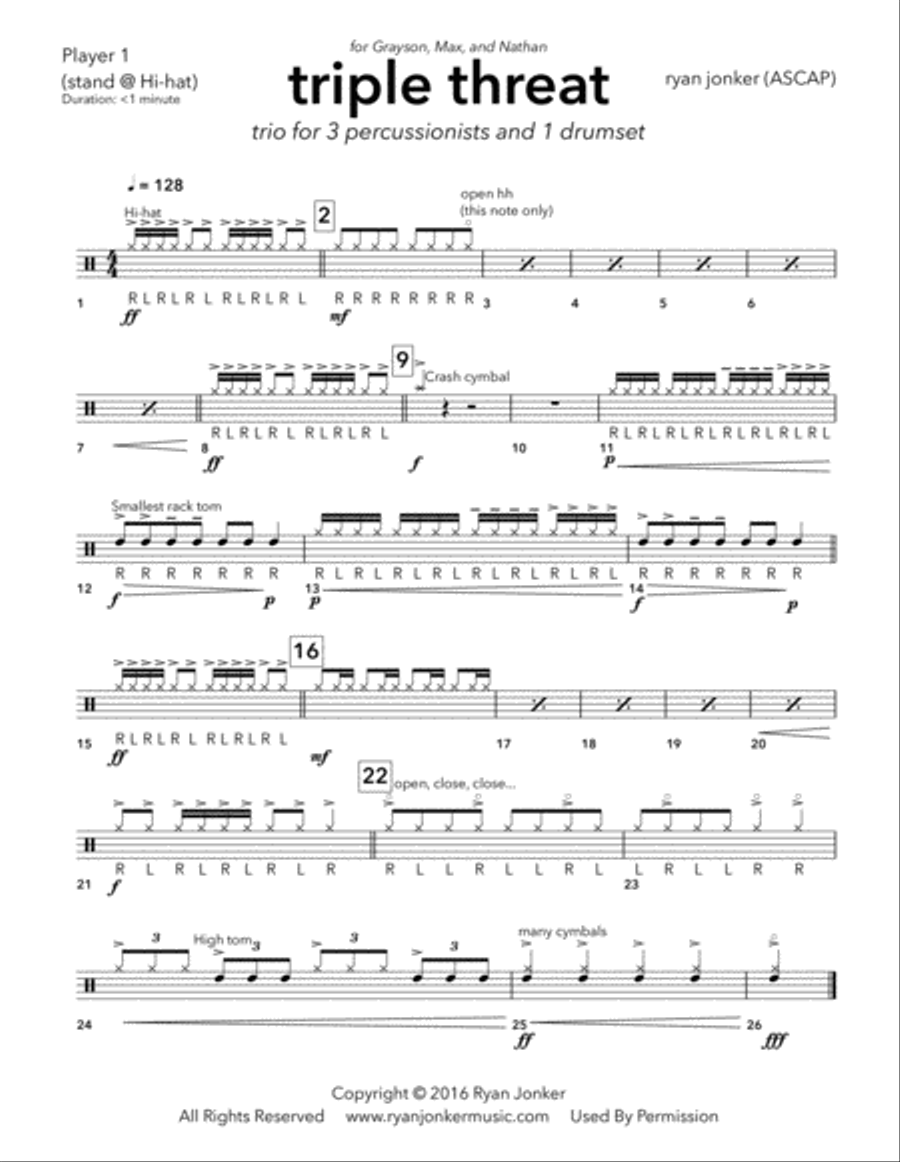 Triple Threat (Trio for 3 beginning percussionists gathered around a drumset) Percussion Ensemble scores gallery preview page 3