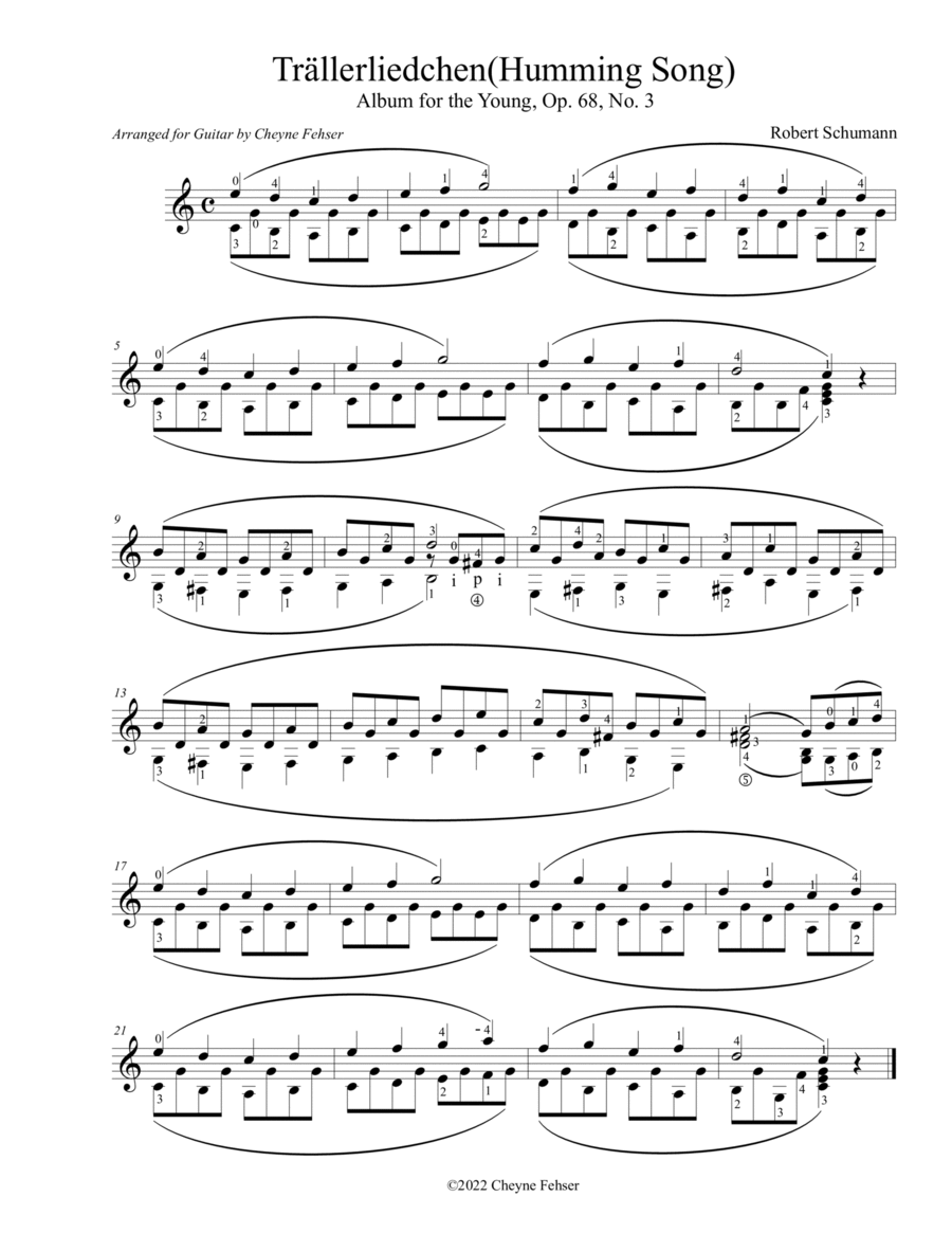 Humming Song(Trällerliedchen) - Robert Schumann, Arranged for Solo Guitar. Classical Guitar scores gallery preview page 1