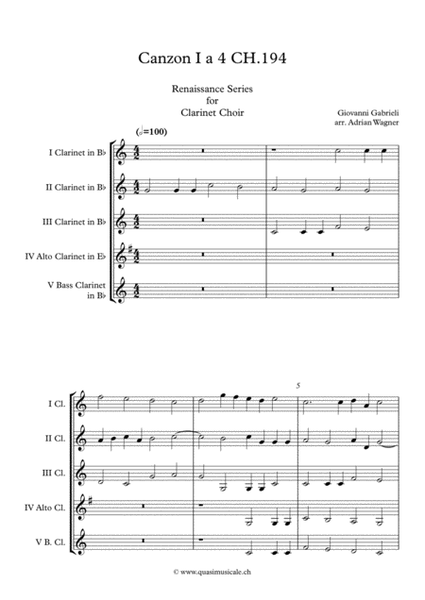 Canzon I a 4 Ch.194 (Giovanni Gabrieli) Clarinet Choir arr. Adrian Wagner image number null