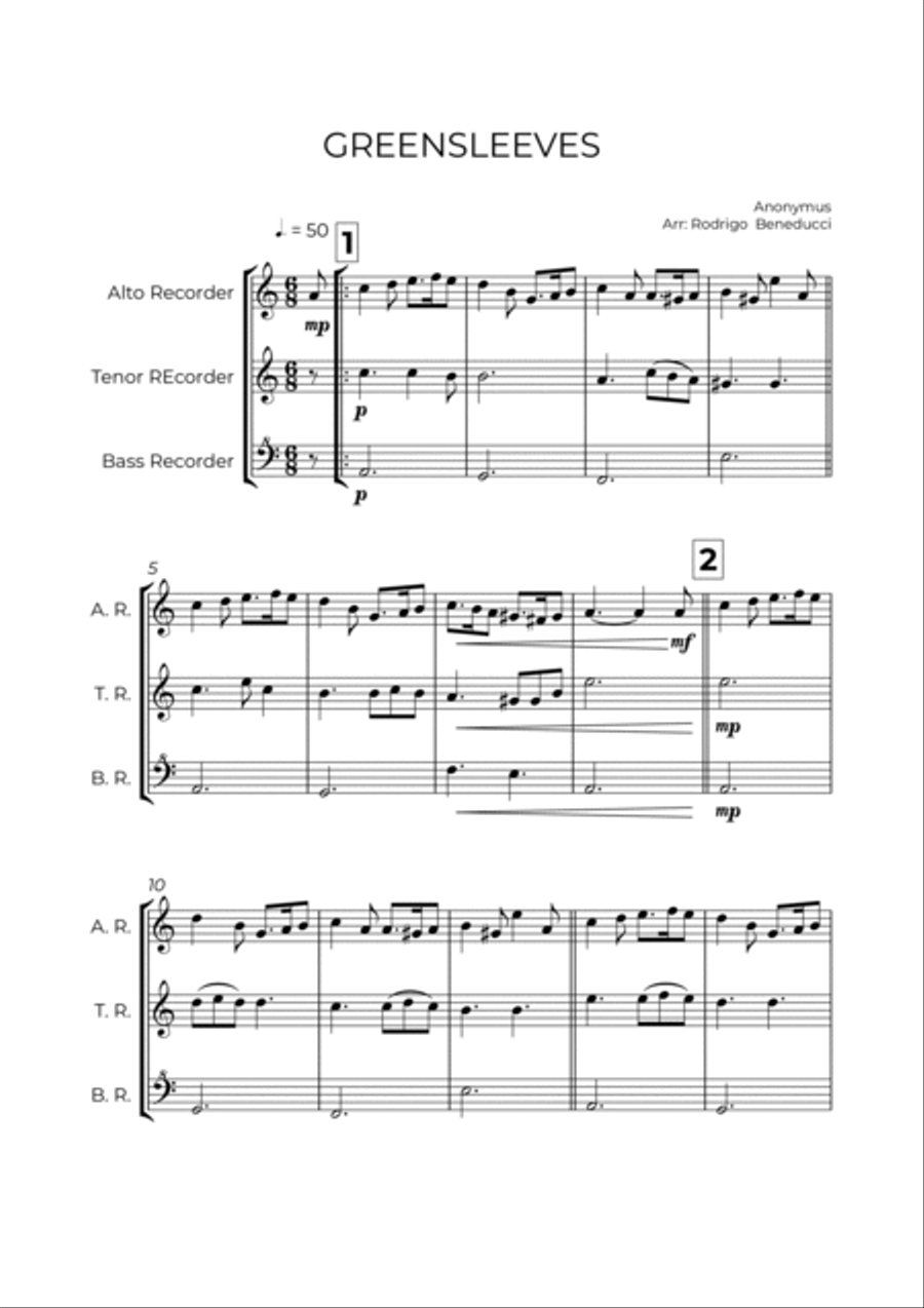 GREENSLEEVES - ANONYMUS – ALTO, TENOR & BASS RECORDER TRIO Alto Recorder scores gallery preview page 2