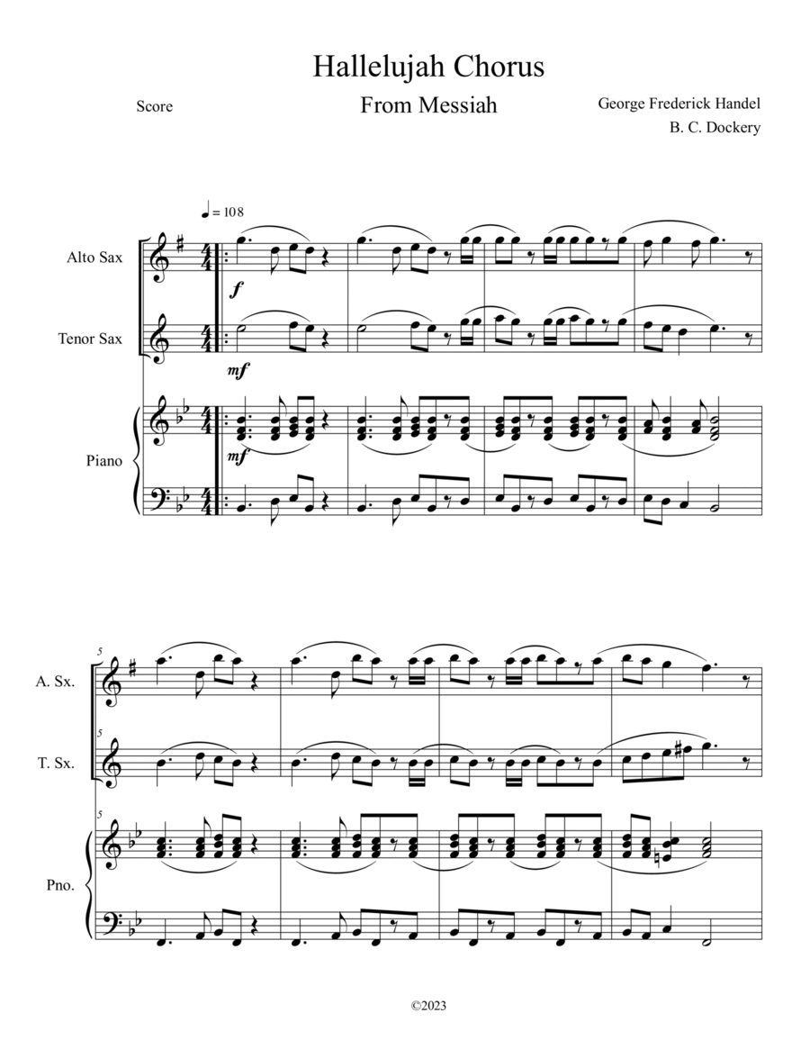 Hallelujah Chorus from Messiah (Alto and Tenor Sax Duet with Piano Accompaniment) Woodwind Duet scores gallery preview page 1