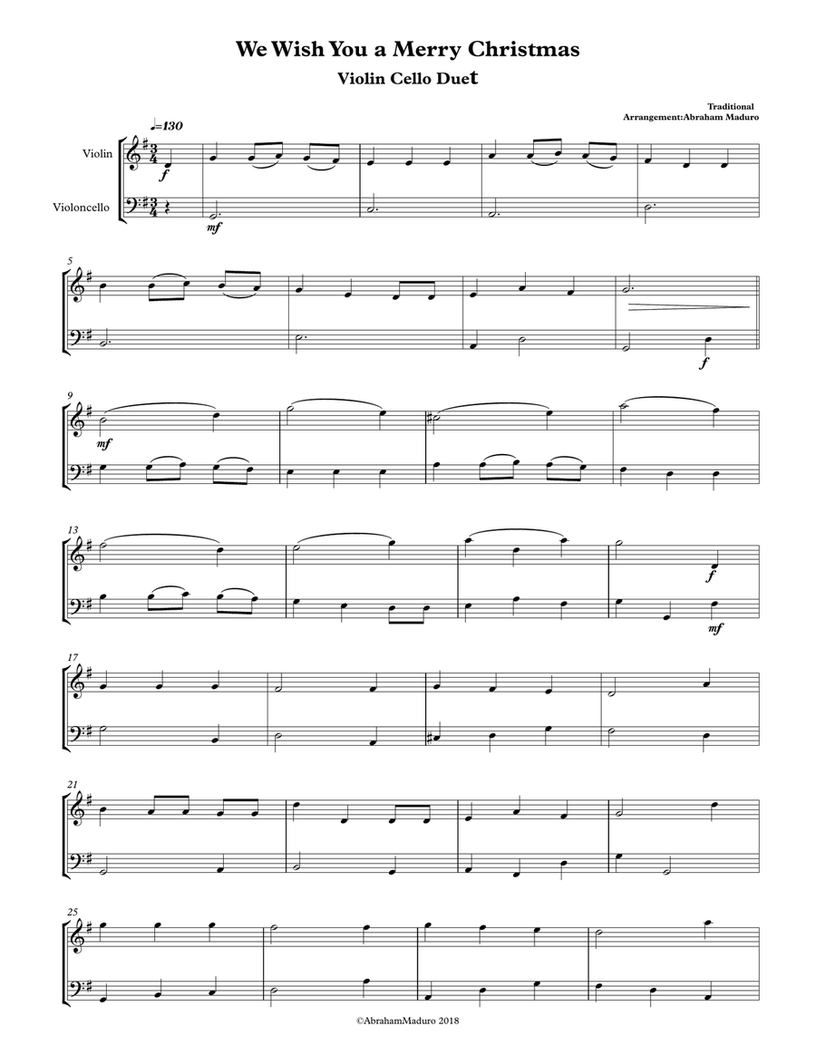 We Wish You a Merry Christmas Violin Cello Duet String Duet scores gallery preview page 1