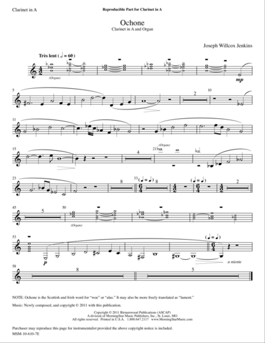 Ochone from Six Pieces for Organ, Volume 2 (Downloadable Downloadable Clarinet in A Part) A Clarinet scores gallery preview page 1