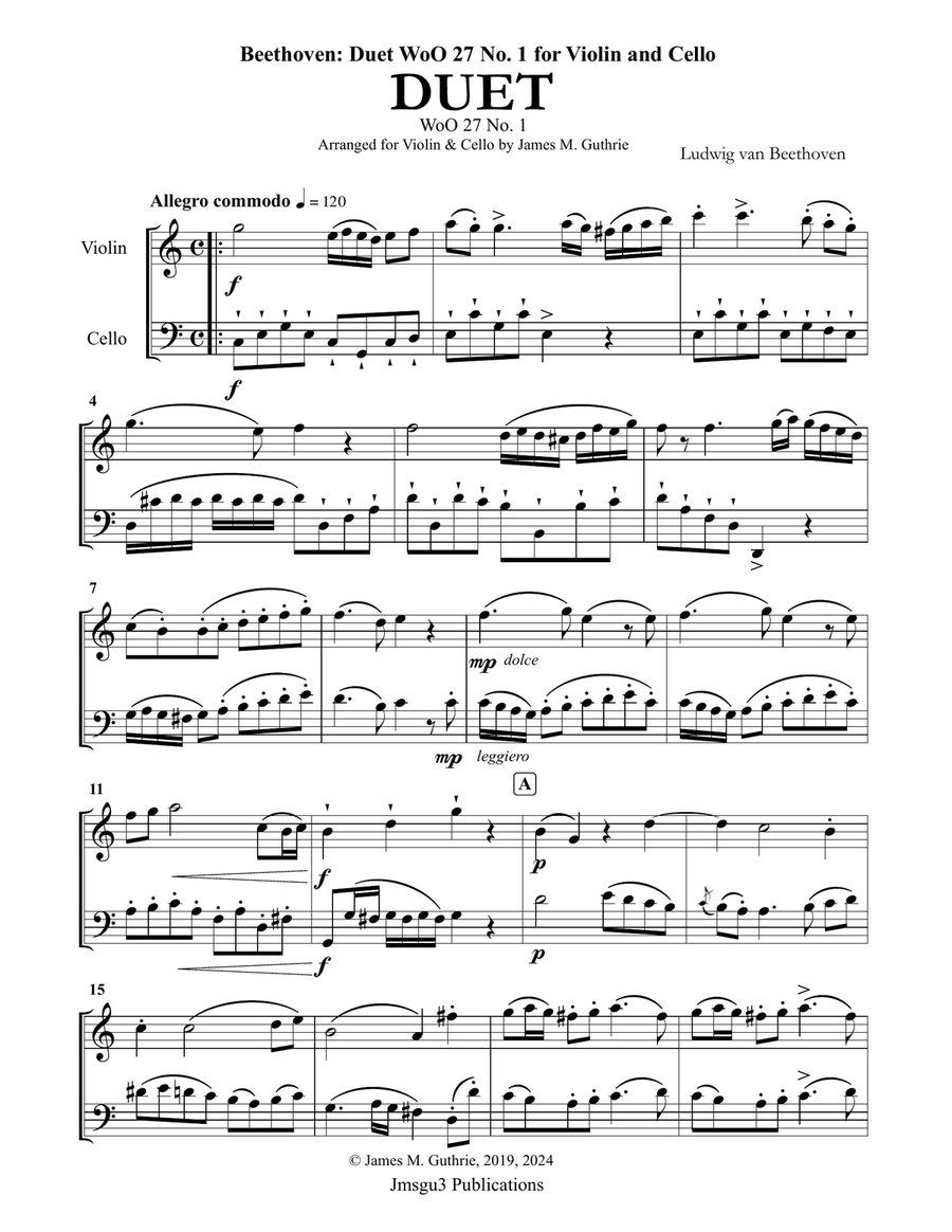 Beethoven: Duet WoO 27 No. 1 for Violin & Cello String Duet scores gallery preview page 1