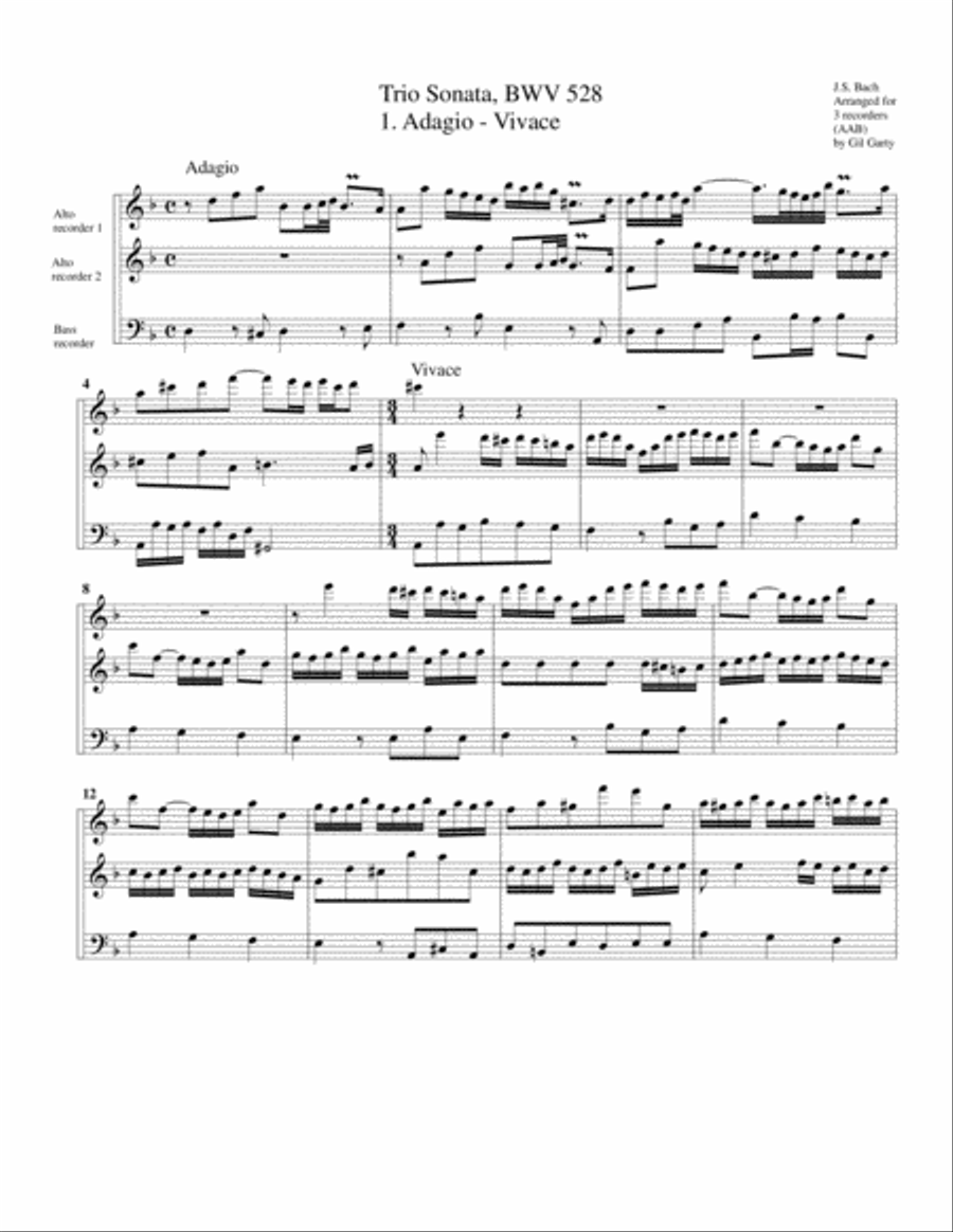 Trio sonata for organ, no.4, BWV 528 (arrangement for 3 recorders) Recorder scores gallery preview page 1