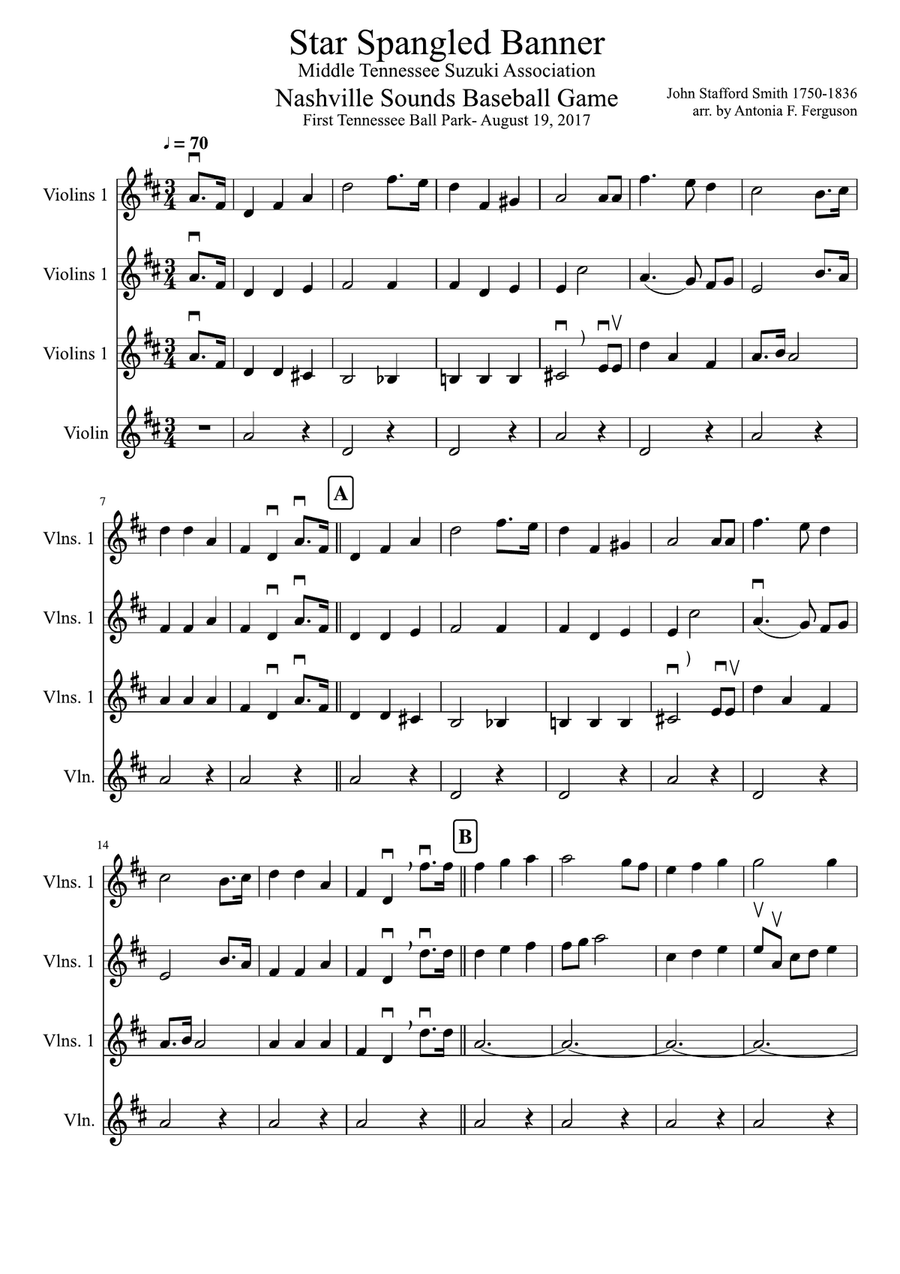 Star Spangled Banner for 4 part Violin Group (all levels) 4-Part scores gallery preview page 1