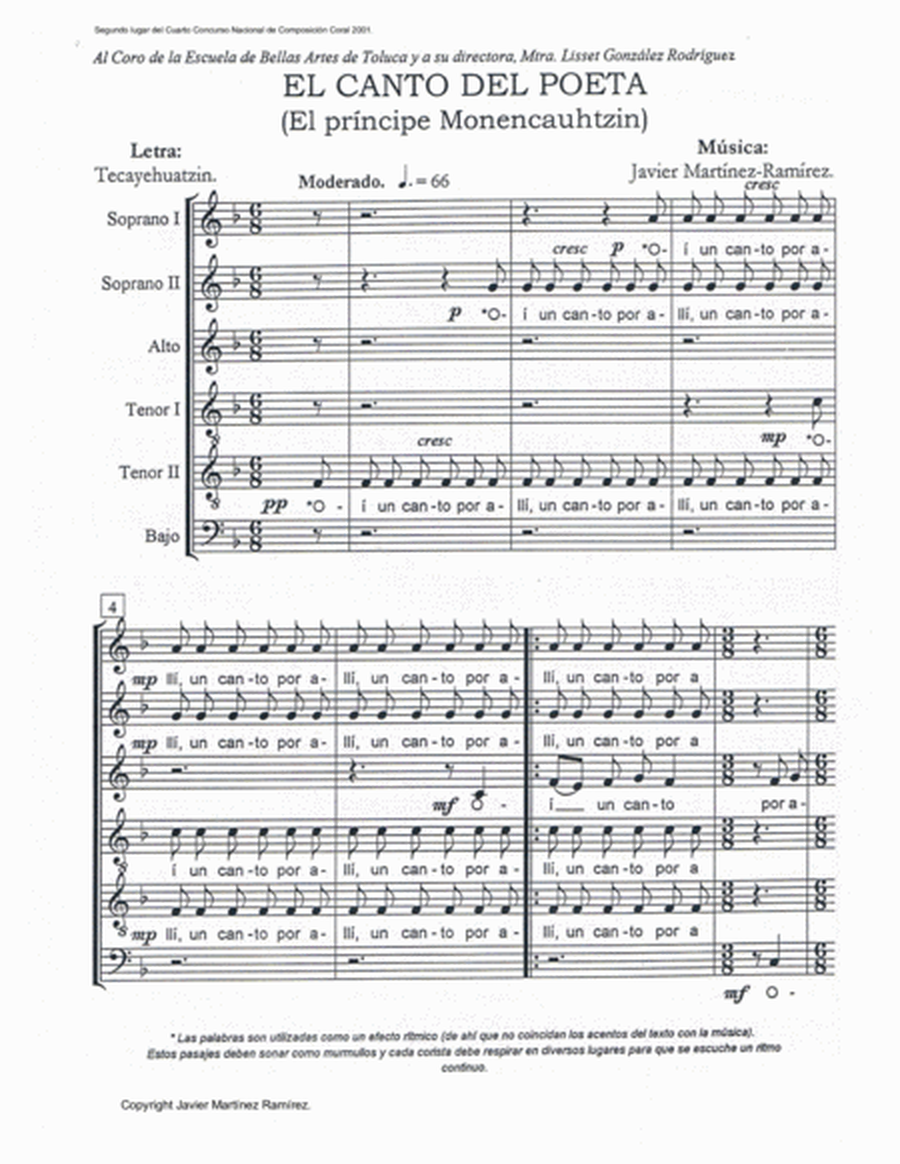 El Canto del Poeta (El Príncipe Monencauhtzin) for mixed choir (SSATTB) image number null
