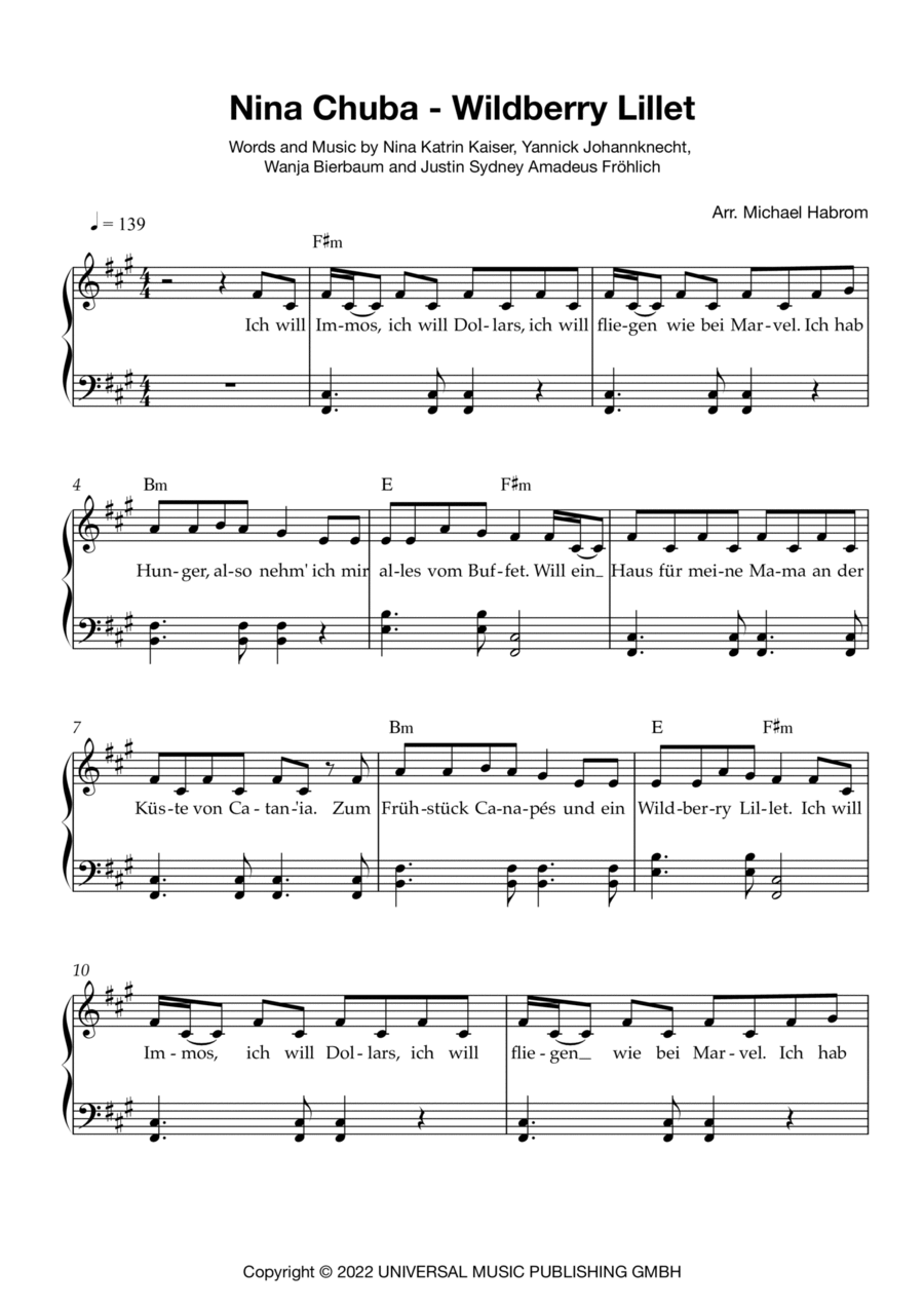 Wildberry Lillet Wildberry Lillet Easy Piano scores gallery preview page 1