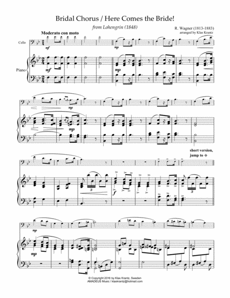 Bridal Chorus / Here Comes the Bride! for cello and easy piano image number null