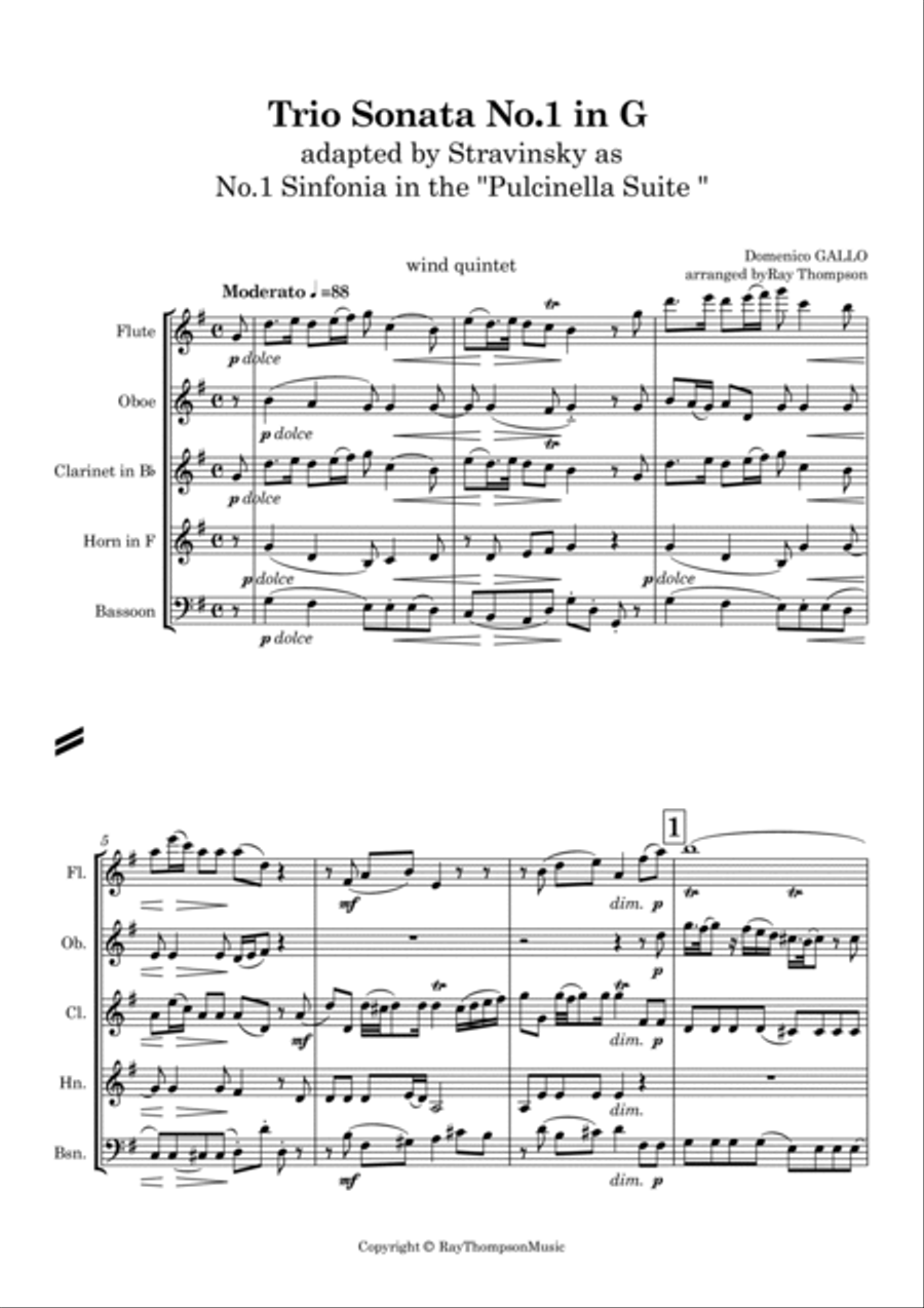 Gallo: Trio Sonata No.1 in G Mvt.1 (Pulcinella Suite Mvt.I Sinfonia) - wind quintet Woodwind Quintet scores gallery preview page 3