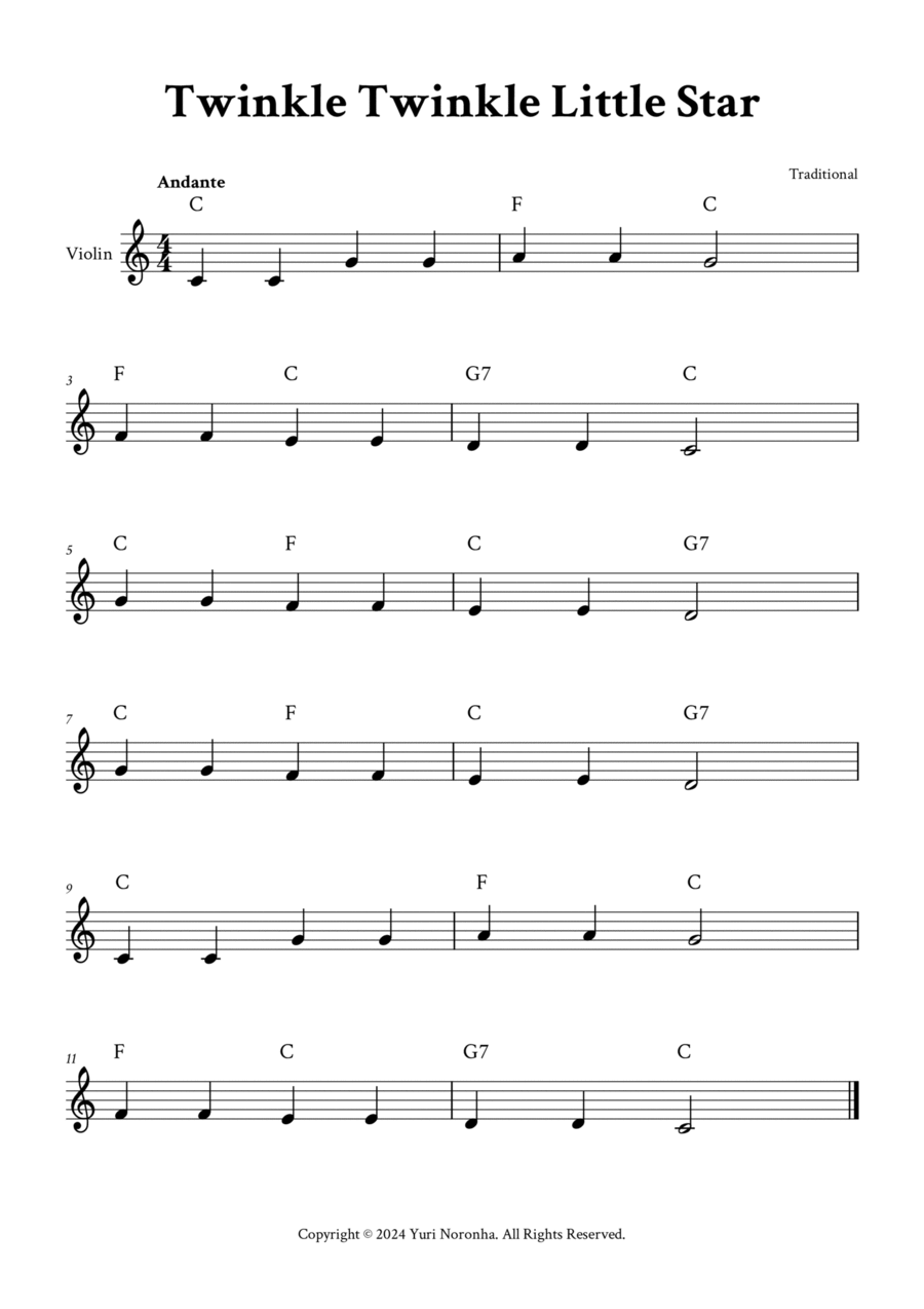 Twinkle Twinkle Little Star - (C Major - with Chords) Violin Solo scores gallery preview page 1