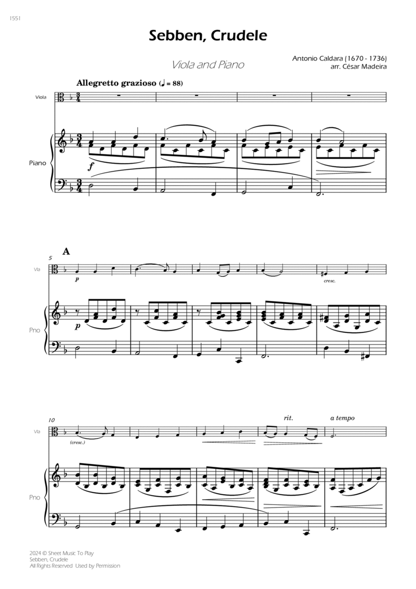 Sebben, Crudele - Viola and Piano (Full Score) image number null