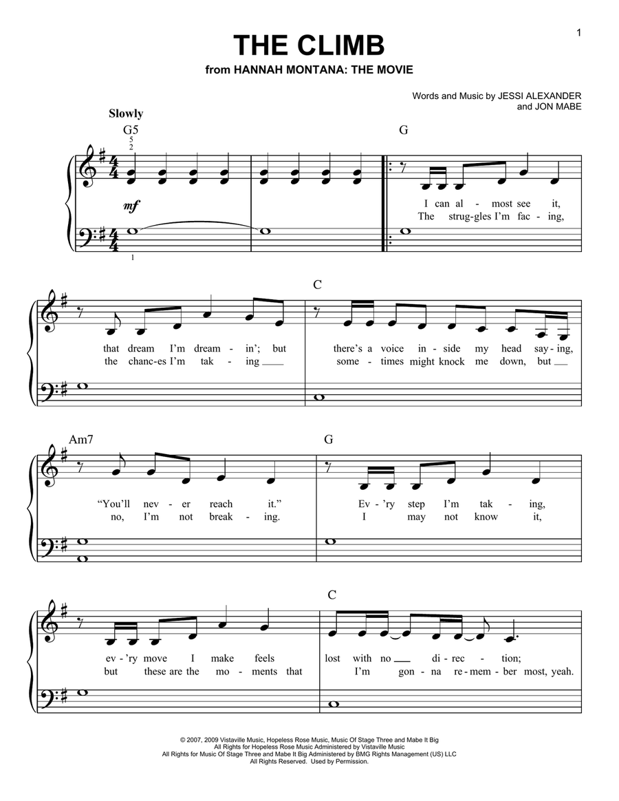 The Climb (from Hannah Montana: The Movie) Easy Piano scores gallery preview page 1