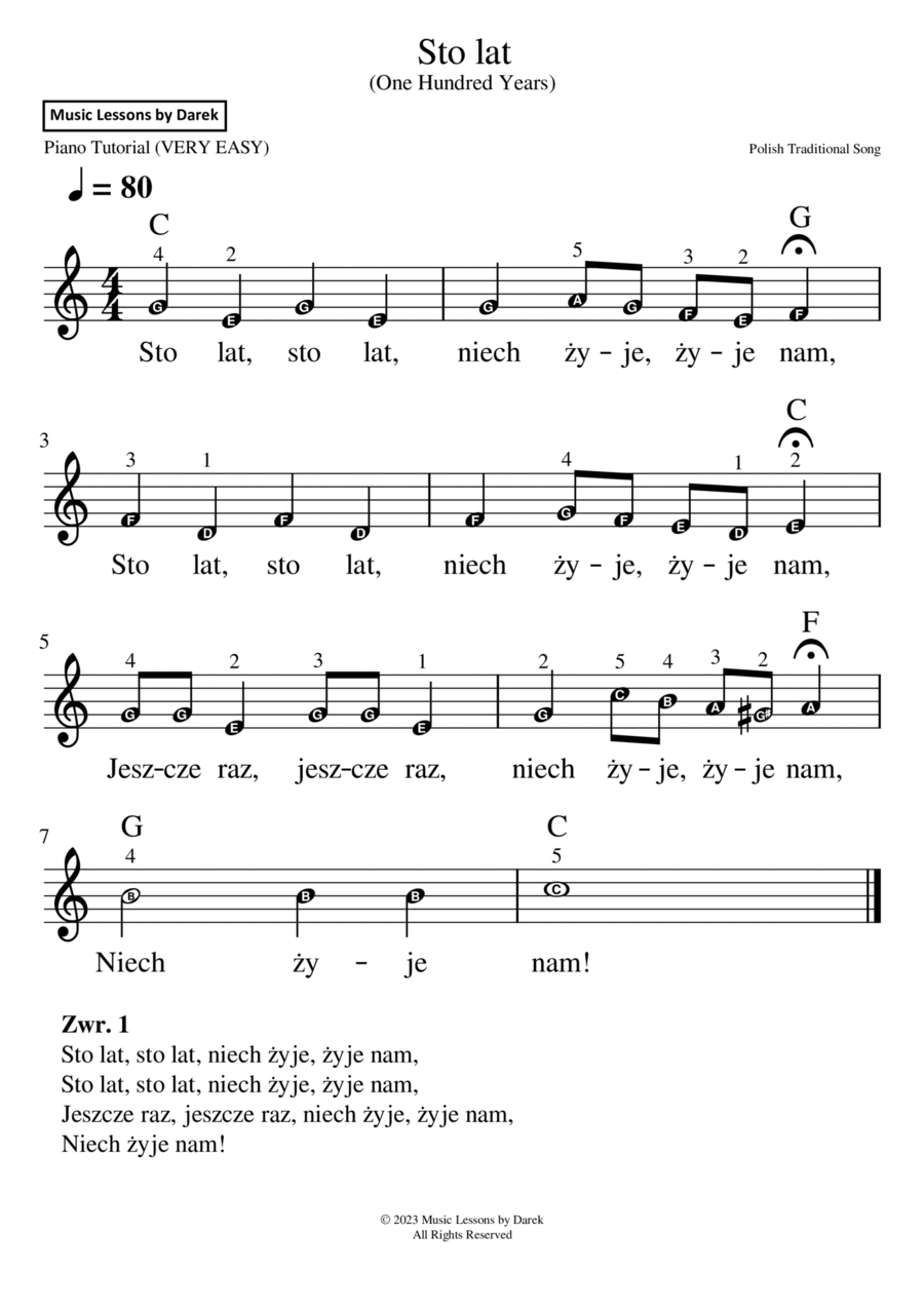 Sto lat (One Hundred Years), Polish Traditional Song [VERY EASY PIANO] Easy Piano scores gallery preview page 1