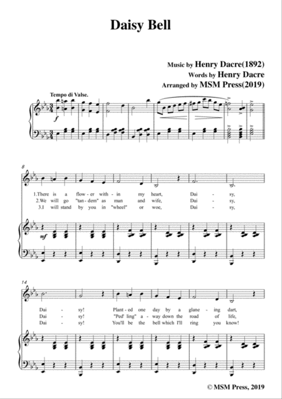 Henry Dacre-Daisy Bell,in E flat Major,for Voice and Piano Voice Solo scores gallery preview page 3
