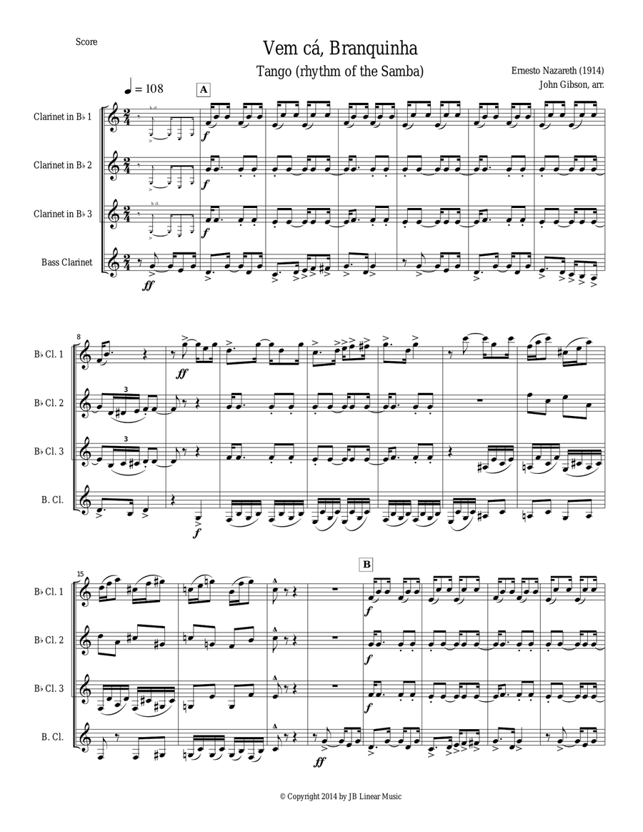 Clarinet quartet - Tango by Ernesto Nazareth Clarinet Quartet scores gallery preview page 1
