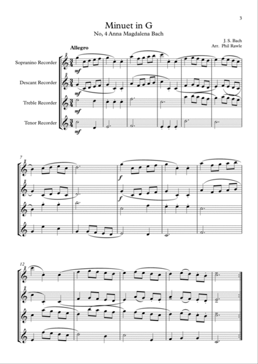 Six Classical Minuets for Recorder Quartet Recorder scores gallery preview page 3