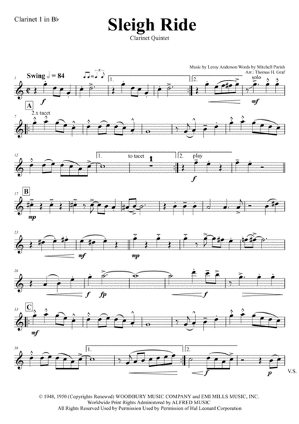 Sleigh Ride - Easy Swing - Clarinet Quintet
