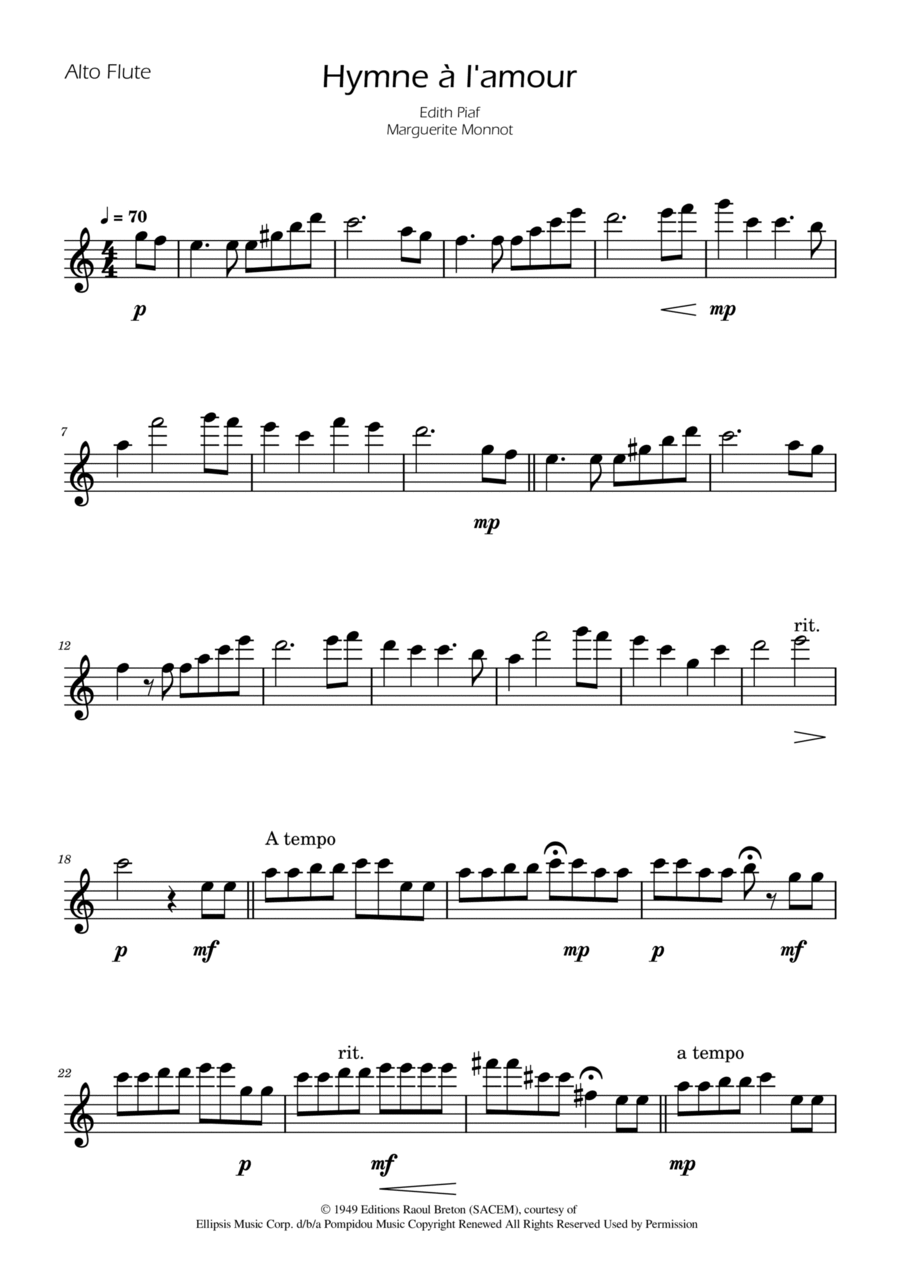 Hymne A L'amour Flute Solo scores gallery preview page 1