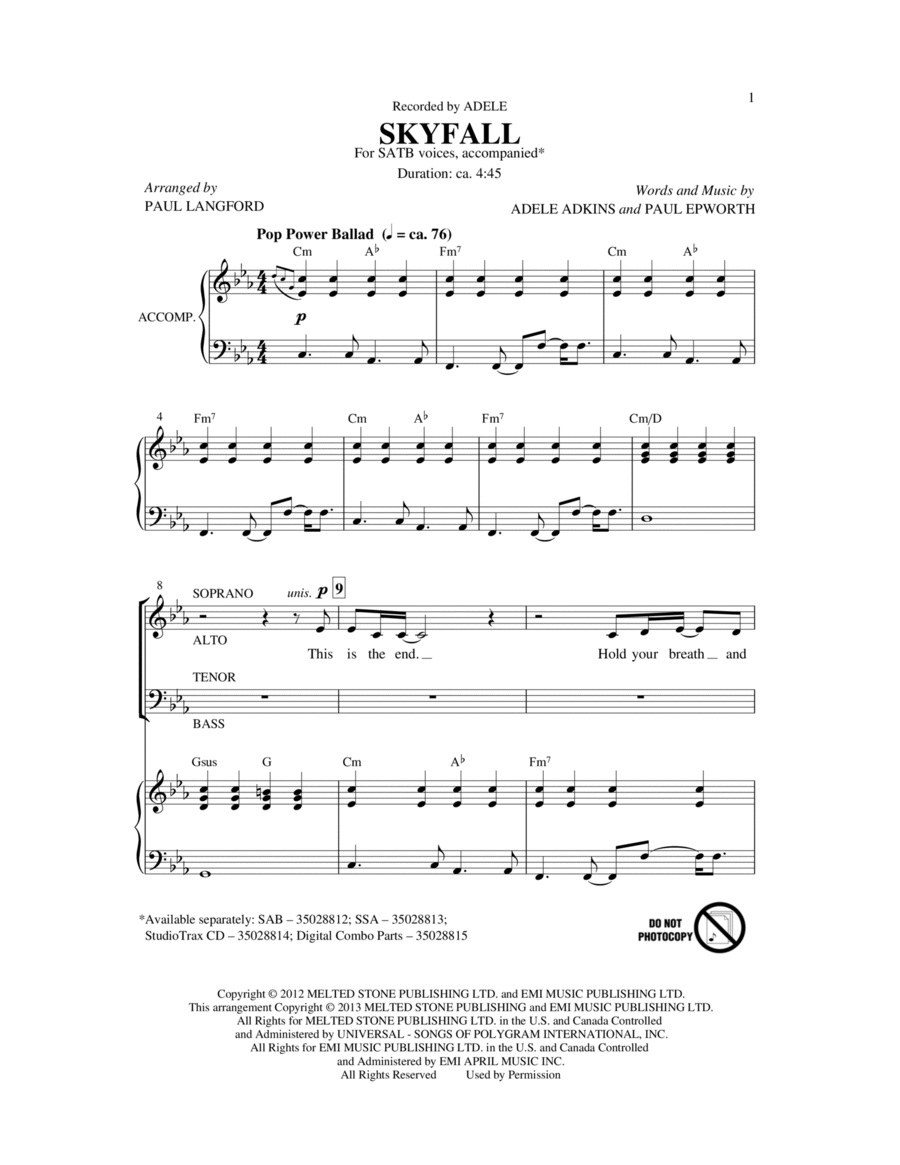 Skyfall (arr. Paul Langford) 4-Part scores gallery preview page 1