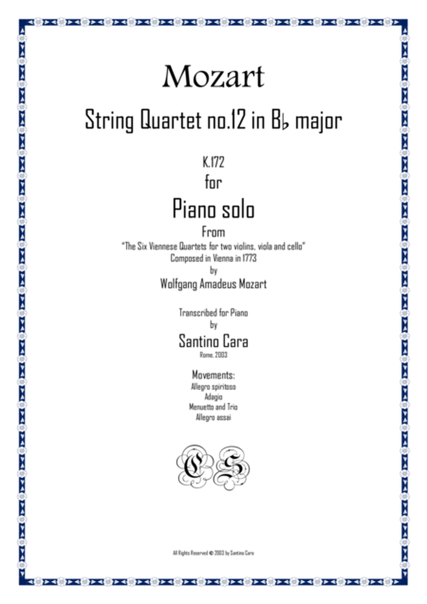 Mozart – Complete String quartet no.12 in B flat major K172 for piano solo image number null