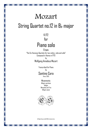 Book cover for Mozart – Complete String quartet no.12 in B flat major K172 for piano solo