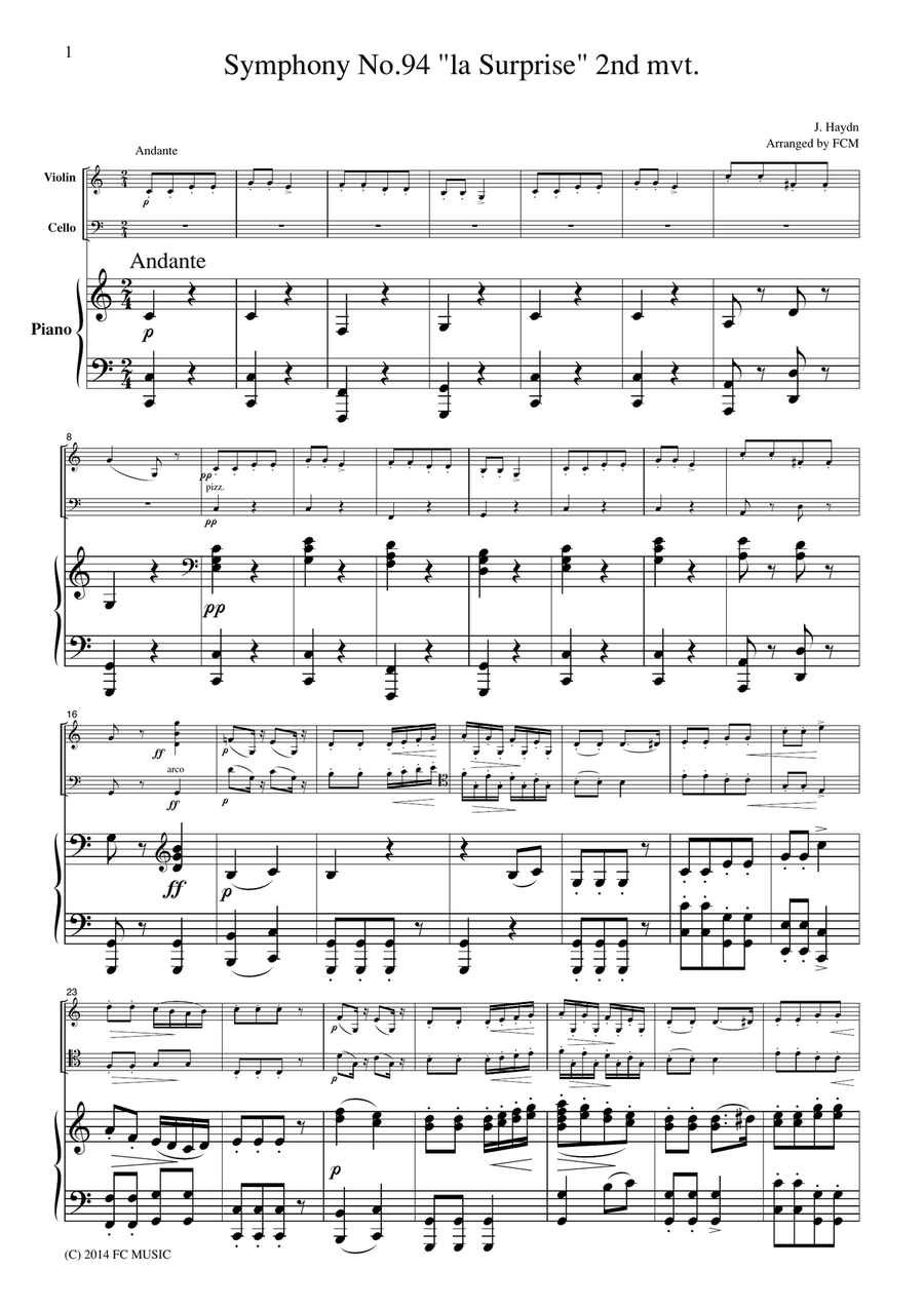 Haydn Symphony No.94 la Surprise 2nd mvt., for piano trio, PH201 Piano Trio scores gallery preview page 1