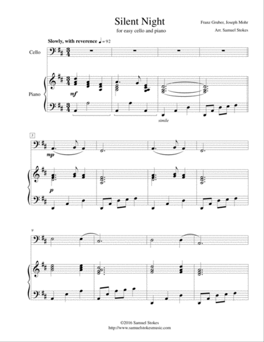Silent Night - for easy cello (optional piano accompaniment) Piano scores gallery preview page 1