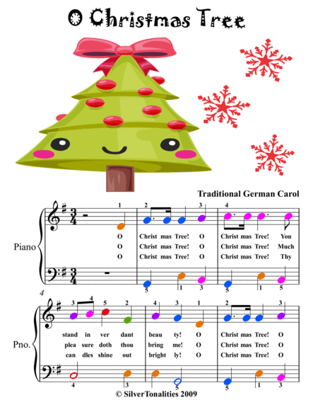 O Christmas Tree Easiest Piano Sheet Music with Colored Notation