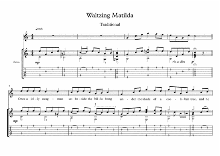 Waltzing Matilda classical guitar solo Acoustic Guitar scores gallery preview page 1
