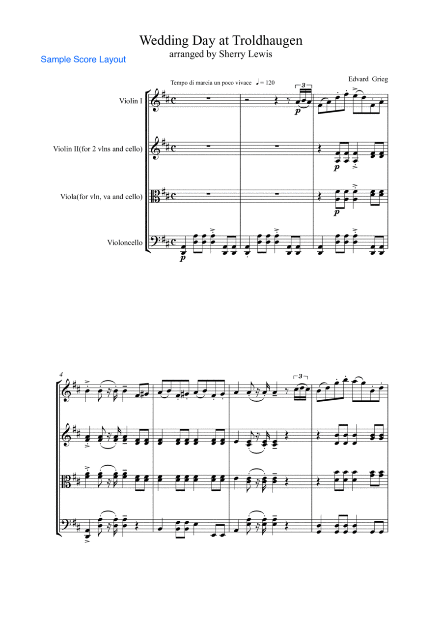 WEDDING DAY AT TROLDHAUGEN String Trio, Intermediate Level for 2 violins and cello or violin, viola String Trio scores gallery preview page 1