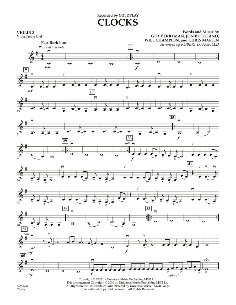 Clocks - Violin 3 (Viola Treble Clef) Orchestra scores gallery preview page 1