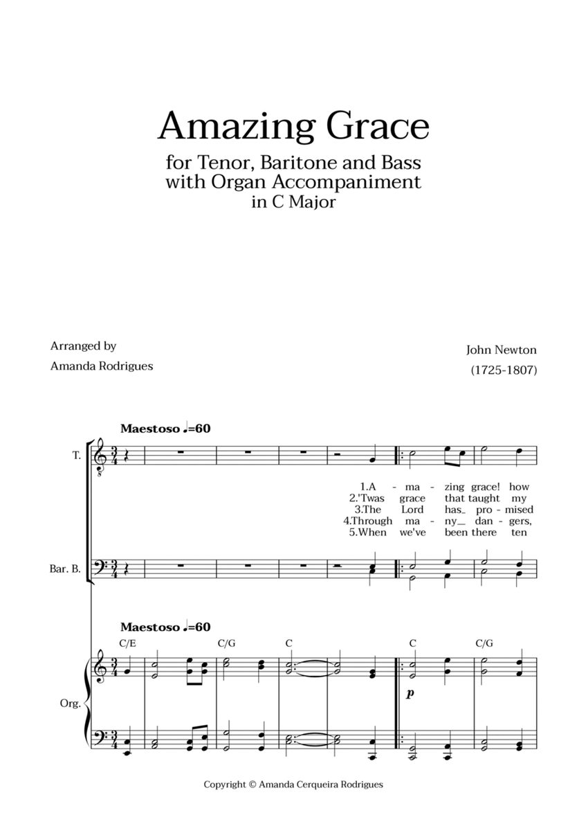 Amazing Grace in C Major - Tenor, Bass and Baritone with Organ Accompaniment and Chords image number null
