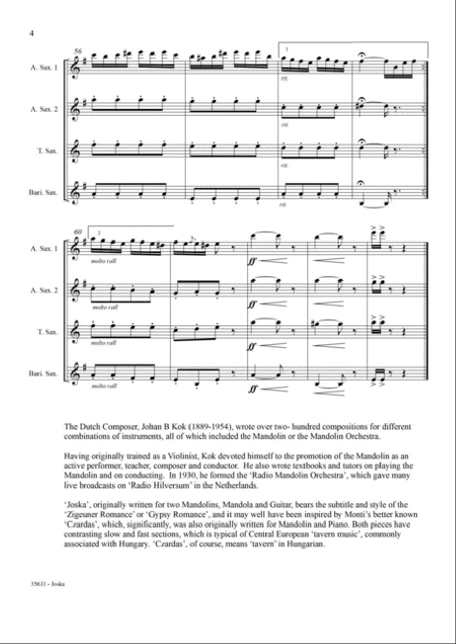 JOSKA: A GYPSY ROMANCE - SAXOPHONE QUARTET Saxophone Quartet scores gallery preview page 5